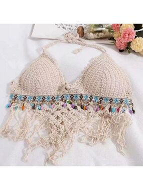 Crochet Halter Bra with Cropped Tassel Hem Summer Sleeveless Casual Top